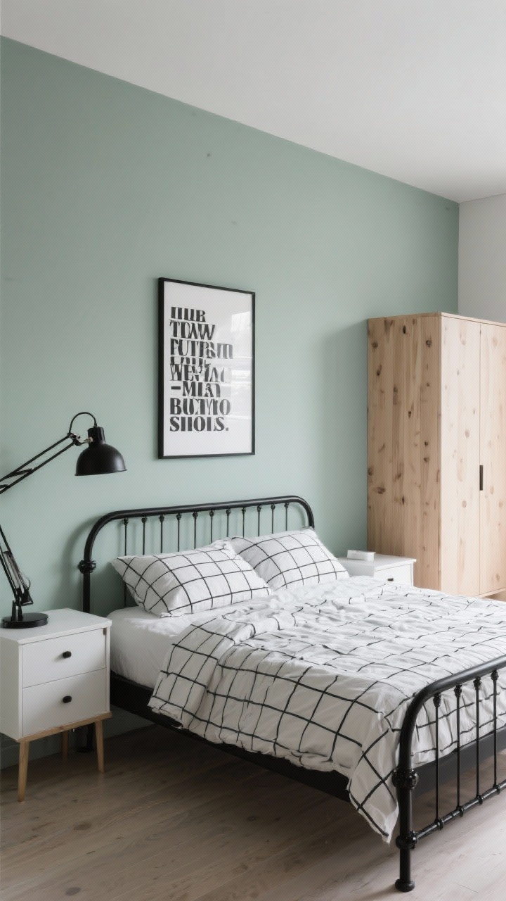 Photorealistic straight-on medium shot of a sage + black Scandinavian bedroom: dusty sage walls, black metal bed, white nightstands, birch wardrobe with clean lines, bold black-and-white grid duvet as the graphic focal point, framed typographic print above the bed, minimalist matte black wall-mounted swing arm lamp; smooth cotton, matte metal, light wood; crisp daylight