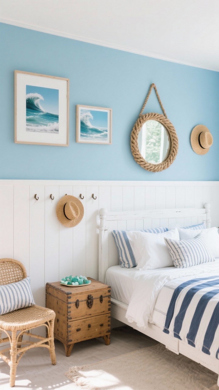 Photorealistic wide coastal bedroom shot with white vertical paneling (shiplap) on the lower half of the wall and sea-glass blue paint above; surf photography prints in simple frames; rope-framed round mirror; woven wall hooks holding straw hats; white wood bed with crisp striped bedding and ticking pillows; rattan chair and trunk nightstand; palette sea-glass blue, white, sand, navy; bright, breezy daylight.