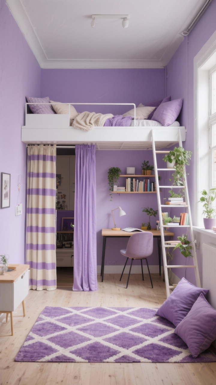 Photorealistic wide shot capturing lavender studio apartment vibes: muted lavender walls, white loft bed with a cozy lounge area underneath (pillows and throws), compact bistro table used as a homework desk, narrow wardrobe with a curtain instead of doors, striped lilac-and-cream curtains partitioning zones, leaning ladder shelf with plants and books, geometric lavender rug coordinating with throw pillows; balanced natural light