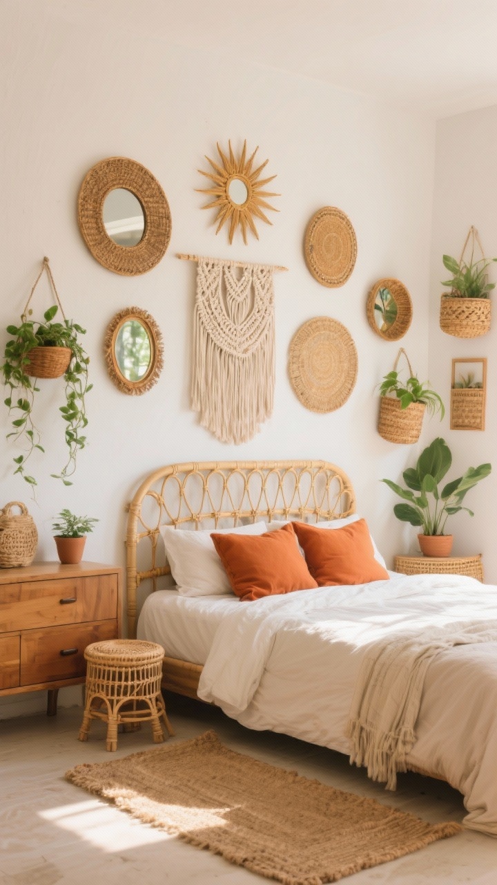 Photorealistic wide shot of a boho bedroom with warm white walls featuring a gallery wall mixing rattan mirrors, sunburst frames, and woven baskets; a macramé wall hanging above the bed; terracotta pillows on the bed, jute rug on the floor; plants trailing from wall-mounted planters; cane headboard, wood dresser, wicker stool; palette terracotta, cream, sage, rattan; golden-hour natural light, earthy and sun-kissed.