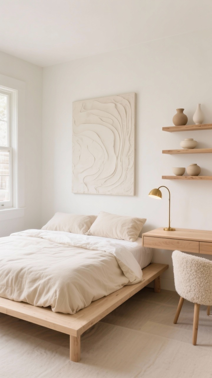 Photorealistic wide shot of a calm, airy teen bedroom with warm white walls, a low pale oak platform bed dressed in oatmeal and cream linen bedding; a large plaster-textured tone-on-tone abstract art piece centered above the bed; a trio of floating oak shelves styled with neutral ceramics and a sculptural vase; a single curved wall sconce in brushed brass casting a soft glow; include a slim oak desk and a boucle accent chair; palette of cream, sand, light oak, brushed brass; minimal, intentional styling, soft natural light.