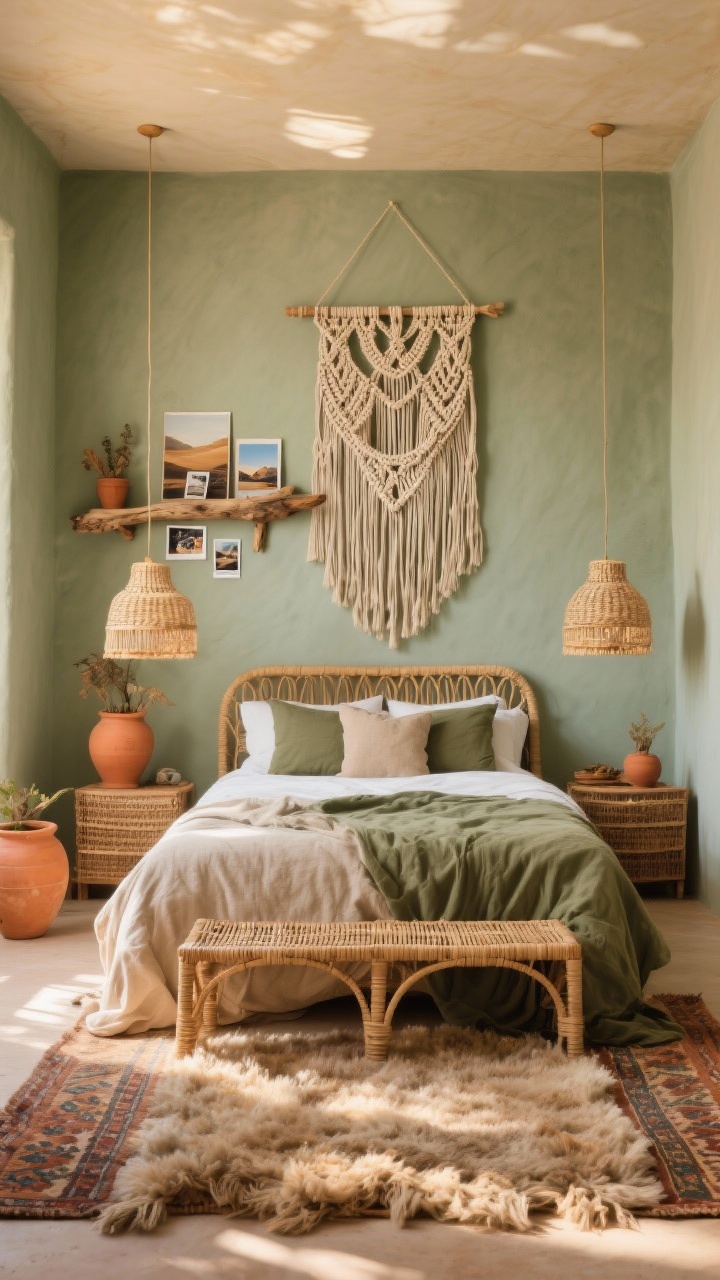 Photorealistic wide shot of a desert sage boho bedroom: sage walls warmed with terracotta pots, a large macramé wall hanging, driftwood shelf displaying travel finds and Polaroids, low-profile rattan bed dressed in stonewashed linen in olive and sand, symmetrical woven pendant lamps on both sides, plush Moroccan shag rug; textures of rattan, linen, wool, clay in sage, terracotta, sand tones; golden afternoon light