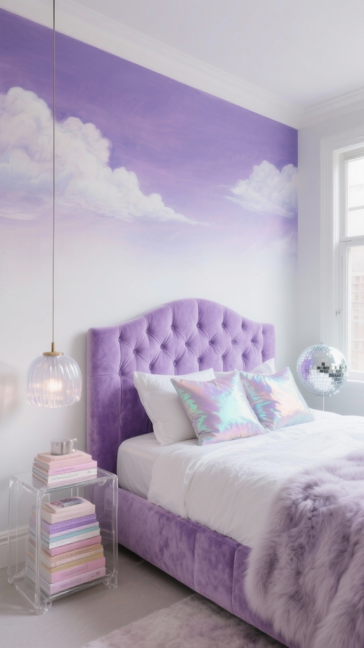 Photorealistic wide shot of a lavender dreamscape bedroom: lavender ombré wall fading into pearl white with a hand-painted cloud mural above the bed, channel-tufted lilac velvet headboard, iridescent throw pillows, a lucite pedestal nightstand stacked with pastel books, frosted acrylic pendant casting a soft glow, disco ball by the window scattering subtle reflections; textures of velvet, acrylic, satin, faux fur in a lavender, pearl, pale silver palette