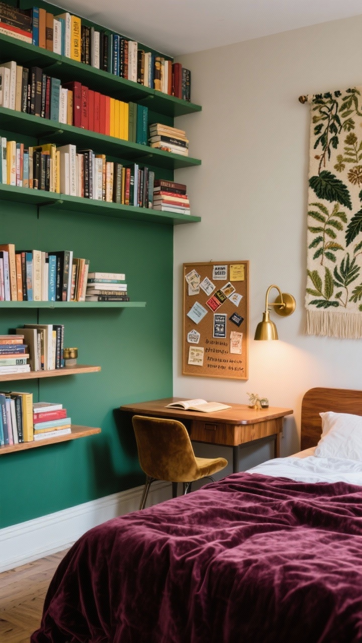 Photorealistic wide wall shot of an indie bookish bedroom: floor-to-ceiling floating shelves packed with color-blocked books for visual impact; opposite wall glimpsed with a botanical tapestry and a corkboard filled with ticket stubs and poems; warm brass reading sconce; wood bed with a rich velvet duvet and a vintage-look desk with a velvet chair; palette forest green, cream, brass, berry; cozy, library-like lighting.