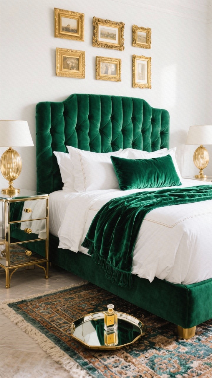 Straight-on medium shot: A glam velvet upholstered bed with channel tufting in deep emerald, dressed in crisp white bedding with a jewel-tone throw and crushed velvet pillows. Metallic nightstands with brushed gold hardware, statement lamps, and a gallery of gold frames above the headboard. Plush Moroccan rug underfoot, mirrored tray with perfumes on the nightstand. Palette: emerald, gold, crisp white. Soft, luxurious lighting with mild reflections.