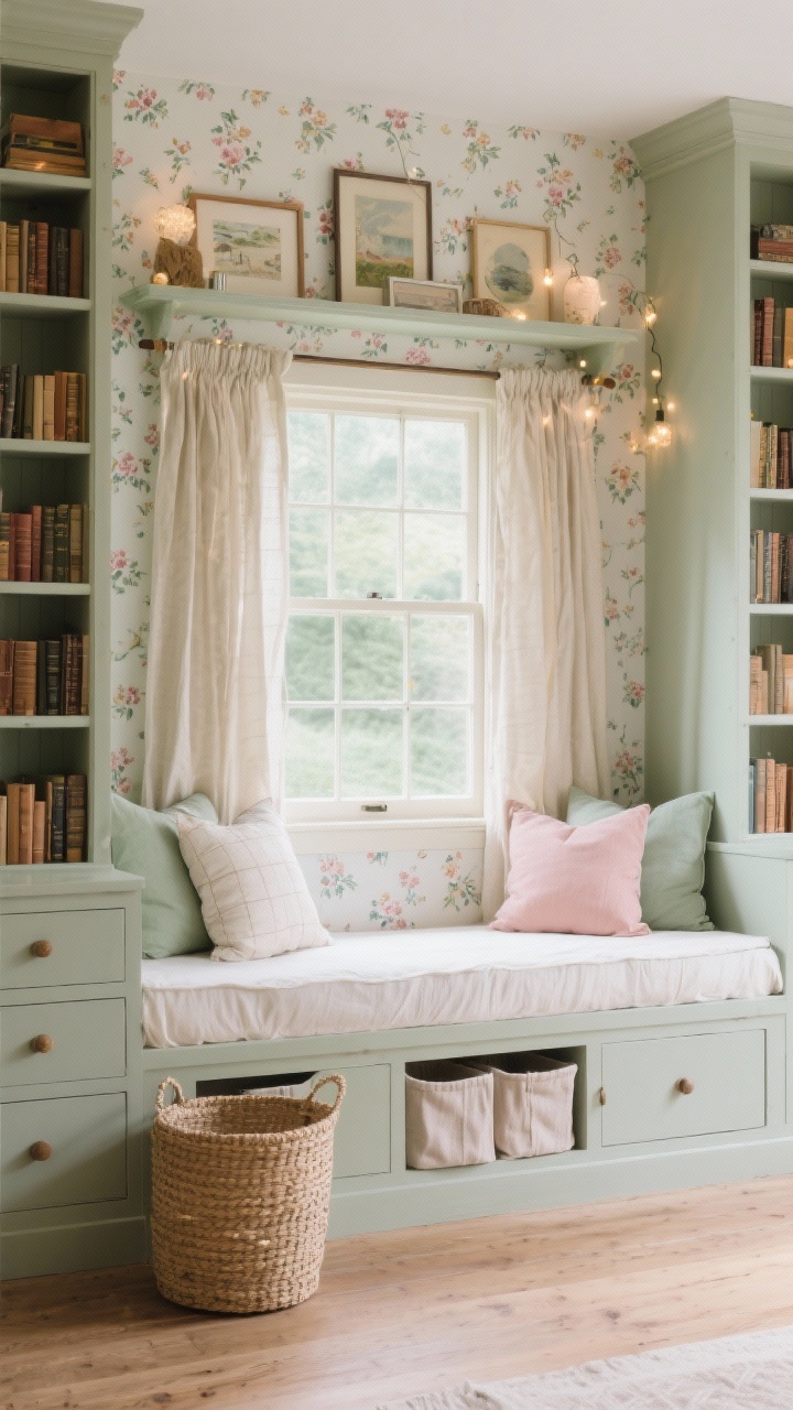 Straight-on medium shot, cottagecore window daybed: window daybed flanked by tall bookcases, deep drawers beneath slightly open; tiny floral wallpaper on the back wall framed by soft linen drapes; slim picture ledge above pillows with layered art and fairy lights; woven hamper and fabric bins for storage; palette sage, cream, blush, oak; cozy, nostalgic daylight.