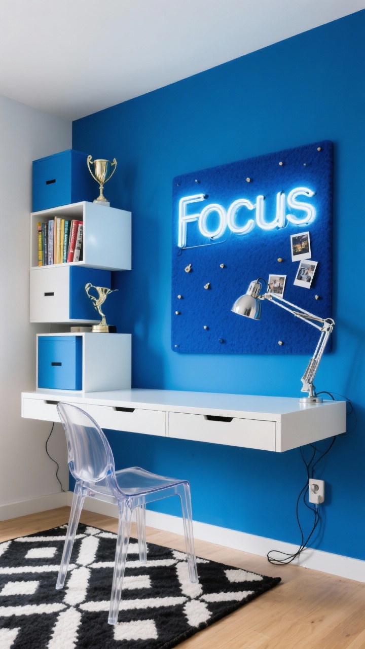 Straight-on medium shot of a bold teen study wall: cobalt blue wall panel behind a white lacquer desk with cable passthrough, stackable cube shelves in alternating white and blue filled with textbooks and trophies, clear acrylic chair, black-and-white geometric rug underfoot, brushed chrome adjustable clamp lamp on the desk edge, neon sign reading “Focus” glowing on the blue panel, felt pinboard with pins and polaroids; crisp, high-contrast lighting.