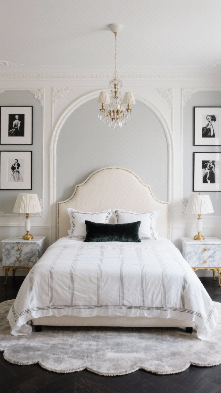 Straight-on medium shot: Parisian chic bedroom wall with peel-and-stick molding framing an arched upholstered headboard in ivory. White duvet layered with a subtle pinstripe quilt at the foot, ribbon-edge pillows, and a velvet bolster. Marble-top nightstands with brass details, petite chandelier overhead (or pleated lamps), black-and-white fashion prints on the wall. Scalloped rug under the bed. Palette: ivory, gray, black accents, antique gold. Soft, elegant lighting.