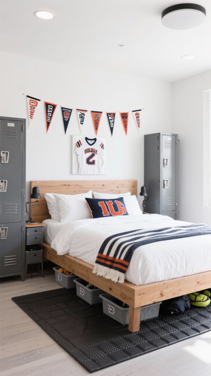 Straight-on medium shot: Sporty chic platform bed in solid wood with minimal headboard, flanked by metal locker nightstands in matte graphite. Crisp white bedding with a varsity-striped throw folded at the foot, jersey-knit pillows. Above the bed, a clean jersey display and a neat row of pennants. Rubberized mat or checker rug on the floor, under-bed bins for gear slightly visible. Palette: white, charcoal, team color accent. Bright, active lighting.