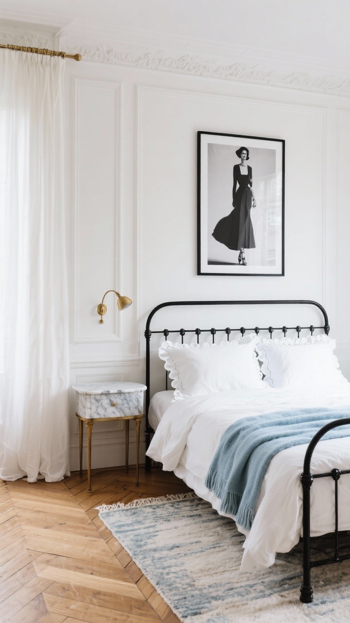 Straight-on Parisian chic vignette: off-white walls with subtle moulding, simple black iron bed dressed in crisp white bedding with scalloped edge pillowcases; marble-topped nightstand with a delicate brass sconce above; cotton voile curtains pooling lightly; one oversized black-and-white fashion print leaning or hung; herringbone floor pattern (or rug mimic) visible; pale blue throw folded at the foot; elegant, airy mood.