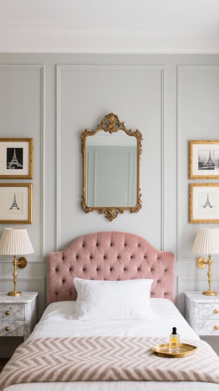 Straight-on symmetrical shot: Soft greige paneled wall with a Parisian chic gallery. Centered vintage-style ornate mirror, flanked by pairs of gilded frames holding black-and-white Paris photography and delicate line art. Matching wall sconces with pleated shades on either side frame the arrangement. Dusty rose tufted velvet headboard and marble-topped nightstands with brass knobs; a herringbone throw and tiny gold perfume tray add polish. Elegant, even lighting.