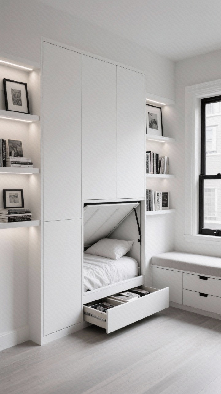 Straight-on wide shot, monochrome Murphy wall: panel-front white-on-white cabinetry with a Murphy bed folded up, revealing a cozy reading nook; flanking shelves with integrated picture lights illuminating books and small art pieces; slim window bench beneath a window with matte black hardware, drawers slightly open for seasonal storage; minimalist, gallery-calm atmosphere with even, diffused lighting.
