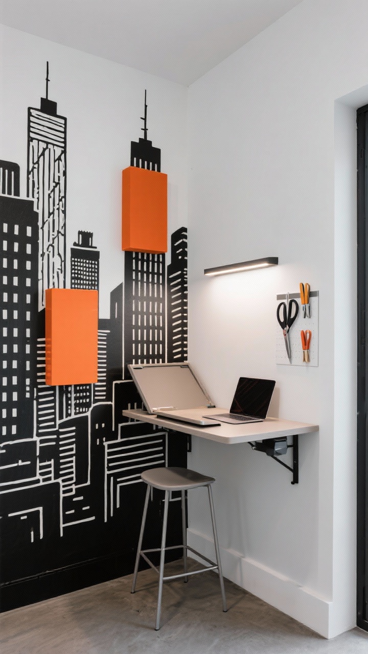 Urban mural micro-office, narrow corner wide shot: graphic mural backdrop featuring black linework skyline with bold persimmon accent blocks; wall-mounted fold-down desk in open position with a slim counter-height stool tucked partly underneath; wall shelf ledge for laptop storage; slim picture light illuminating the mural; magnetic strip on the side wall holding scissors and clips; palette of black, white, and persimmon; compact, efficient urban feel.