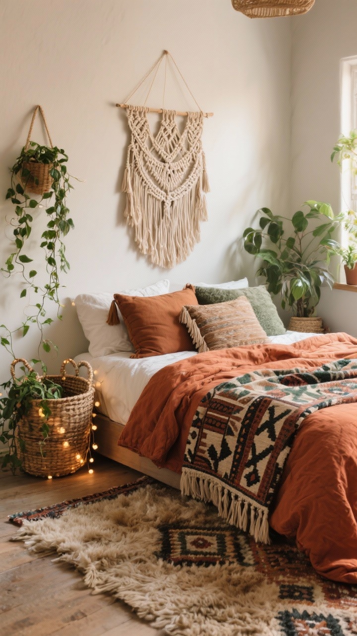Wide boho sanctuary scene with plants: terra-cotta duvet layered with a block-printed quilt and a kantha throw; mudcloth pillows mixed with tasseled cushions; macramé wall hanging above the bed; shaggy Moroccan rug grounding the space; woven baskets holding trailing ivy with string lights tucked in; color story rust, moss, cream, charcoal; textures cotton slub, macramé, woven jute; photorealistic, corner angle with warm natural light.