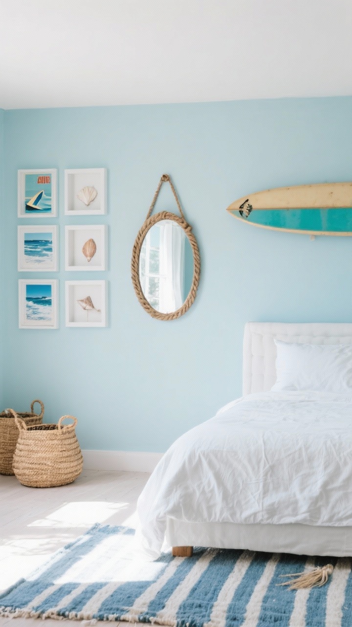 Wide coastal wall: Pale blue walls with a breezy gallery of ocean photography, retro surf posters, and shallow shadow boxes holding shells and a mini surf fin. White and driftwood frames unify the look. A rope mirror is the central piece, with a simple surfboard hung horizontally nearby. White slipcovered bed, striped blue-and-white rug, and seagrass baskets visible. Loose, linear spacing, bright natural daylight like beach sun.