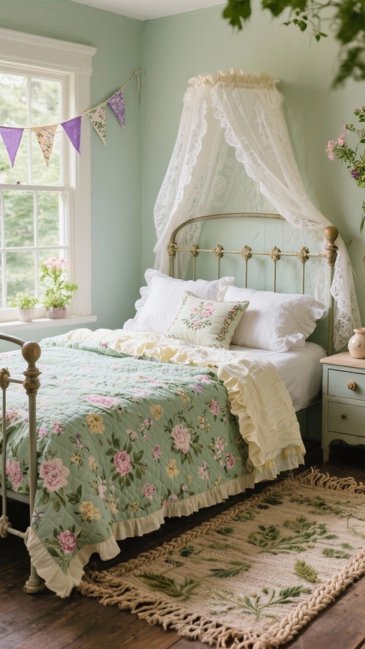 Wide cottagecore bedroom with garden vibe: ditzy floral duvet in sage and buttercream, ruffled pillowcases, quilted coverlet; lace canopy draped over a simple metal bed frame; braided rag rug at the foot; botanical fabric pennants strung across the window; embroidered throw pillow and a small nightstand with ceramic knob; colors sage, buttercream, lilac, rose; gentle morning light; photorealistic, straight-on.