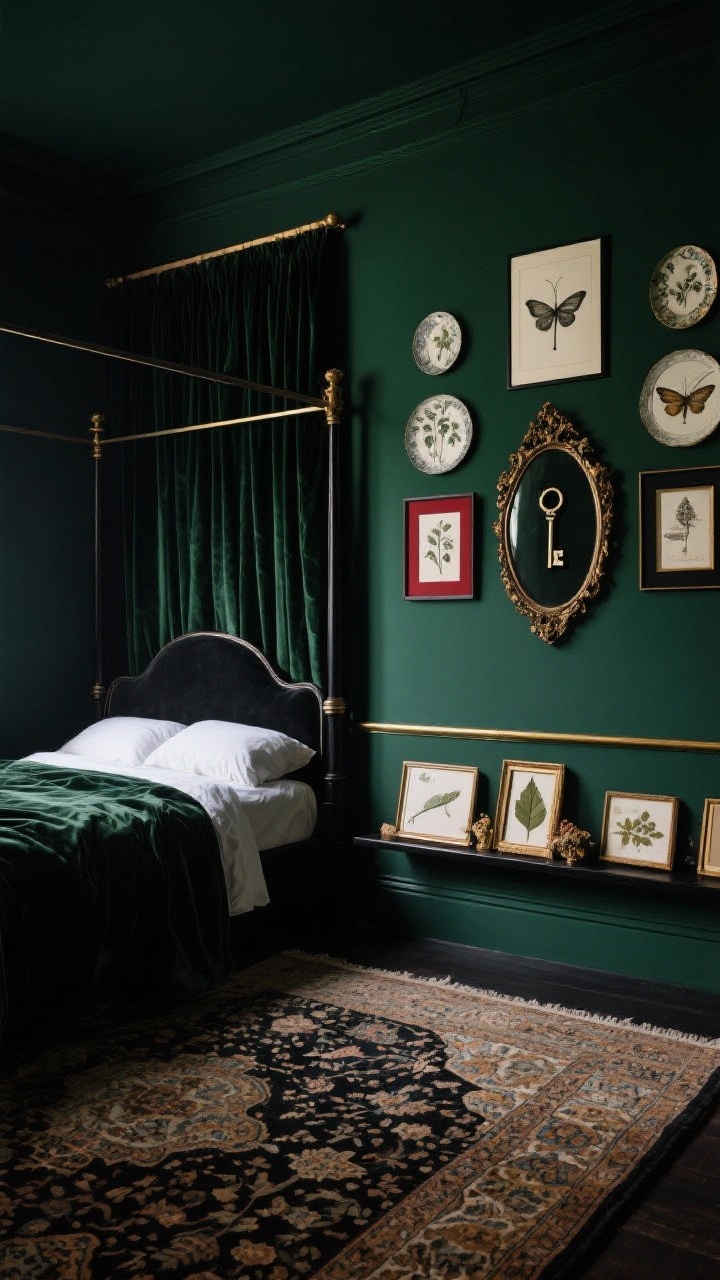 Wide dramatic wall: Ink green (nearly black) wall behind a black four-poster bed, velvet curtains framing the scene, and a Persian-style rug. Dark academia gallery mixing etchings, botanical plates, moth illustrations, and framed keys/pressed leaves in black and oxblood frames with heavy mats. A baroque oval mirror sits slightly off-center; a picture rail shelf along the bottom leans extra pieces for seasonal rotation. Low, moody lighting with antique gold highlights.