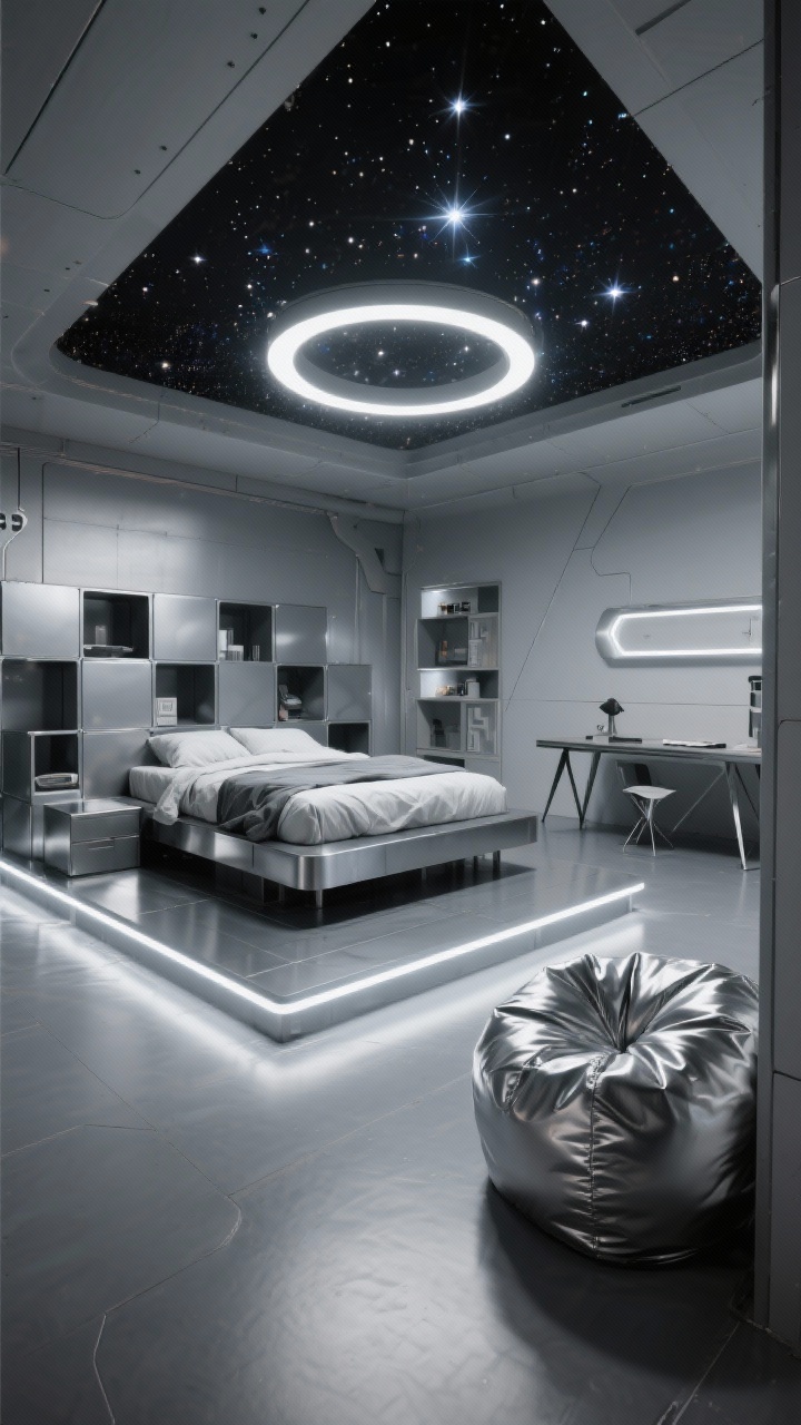 Wide futuristic view, Space Station Night Mode: grayscale palette, metal platform bed, modular storage cubes, angled-leg desk, geometric bedding and metallic beanbag; lighting includes a halo ring ceiling fixture, under-shelf LED bars in cool white along the desk, and a fiber-optic star ceiling kit sparkling above the bed; sleek, clean lines, sci-fi ambience, photorealistic.