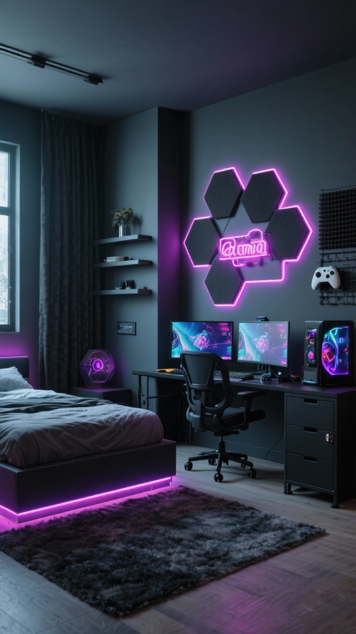 Wide, gamer zone bedroom with charcoal walls making LED glow pop; platform bed with underglow lighting, corner gaming setup with dual monitors; RGB light strips outlining a hexagon panel wall and under floating shelves; sleek black desk, ergonomic chair, lockable side cabinet; sound-absorbing foam panels, neon sign, controller wall rack; blackout curtains, low-pile rug for rolling casters; moody neon ambience; photorealistic.