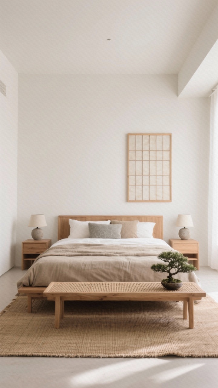 Wide low-angle shot, Japandi Calm With Low Lines: Warm white walls, low ash-wood bed with a slim headboard, neutral bedding in stone, sand, and oatmeal. Paper shoji-style screen used as wall art, stoneware lamps on simple nightstands. Woven bench at the foot of the bed, tatami-inspired rug grounding the space. Single bonsai placed for sculptural calm. Soft, diffused natural light, serene minimalism.