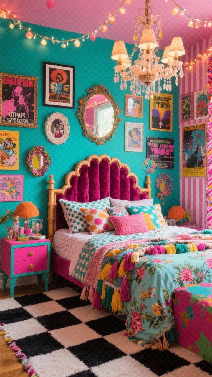 Wide, maximalist color carnival bedroom: electric teal or fuchsia walls, layered patterns mixing stripes, florals, polka dots; statement headboard (velvet scallop or bamboo arch), bed piled with mismatched pillows; gallery wall with art, concert posters, mirrors in wild frames; tassel throw over checkerboard rug, painted nightstand in punchy color; multi-light chandelier and fairy lights draped everywhere; exuberant, saturated; photorealistic.