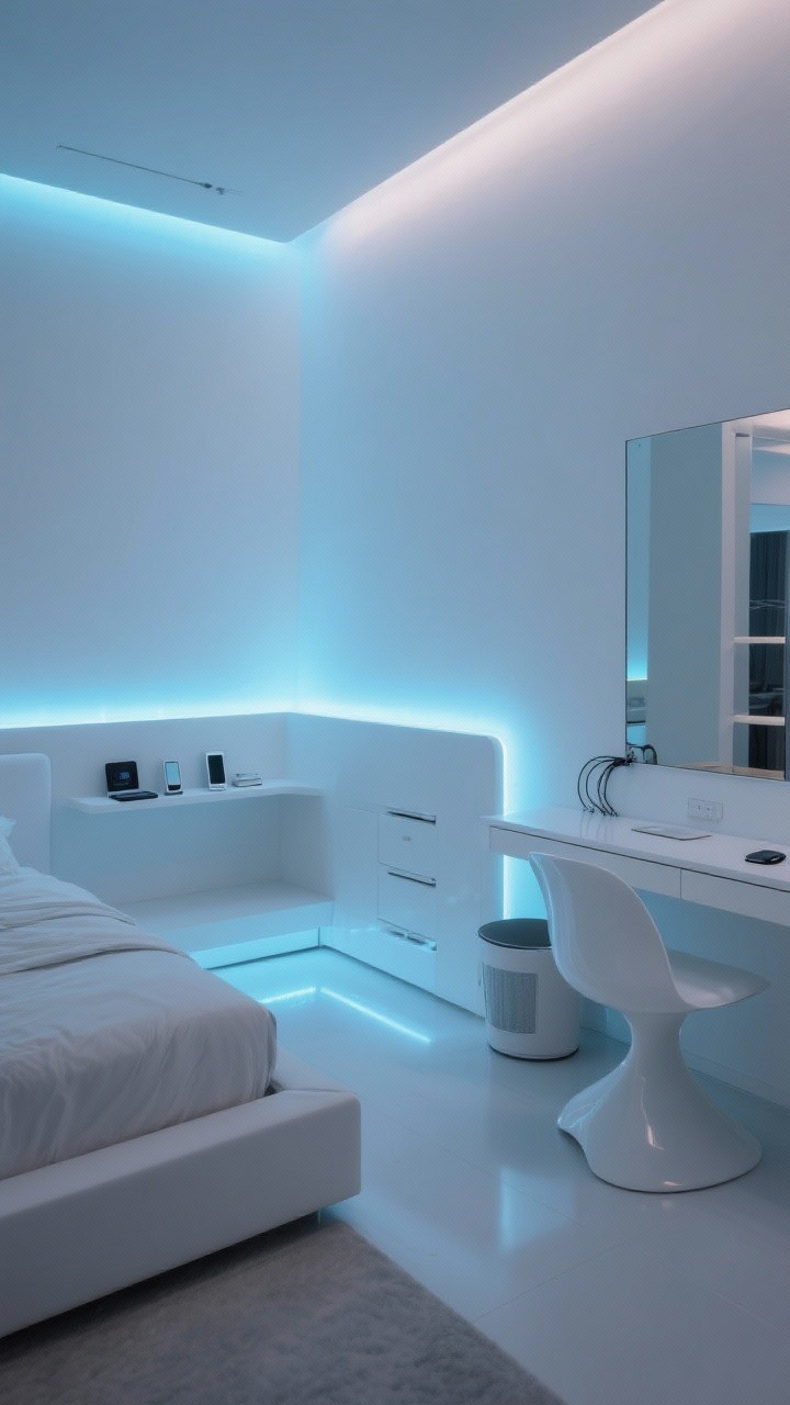Wide, Minimal Tech-Forward Glow bedroom at dusk: bright white walls, low platform bed with headboard shelf holding devices; concealed LED strips behind the headboard casting an ice blue glow effect; frameless floor mirror reflecting the light, glossy white dresser, single sculptural chair; wall-mounted desk with cable trough and minimal accessories like a wireless charging pad; hidden hamper tucked discreetly; colors white, graphite, and soft ice blue light; sleek, futuristic mood.