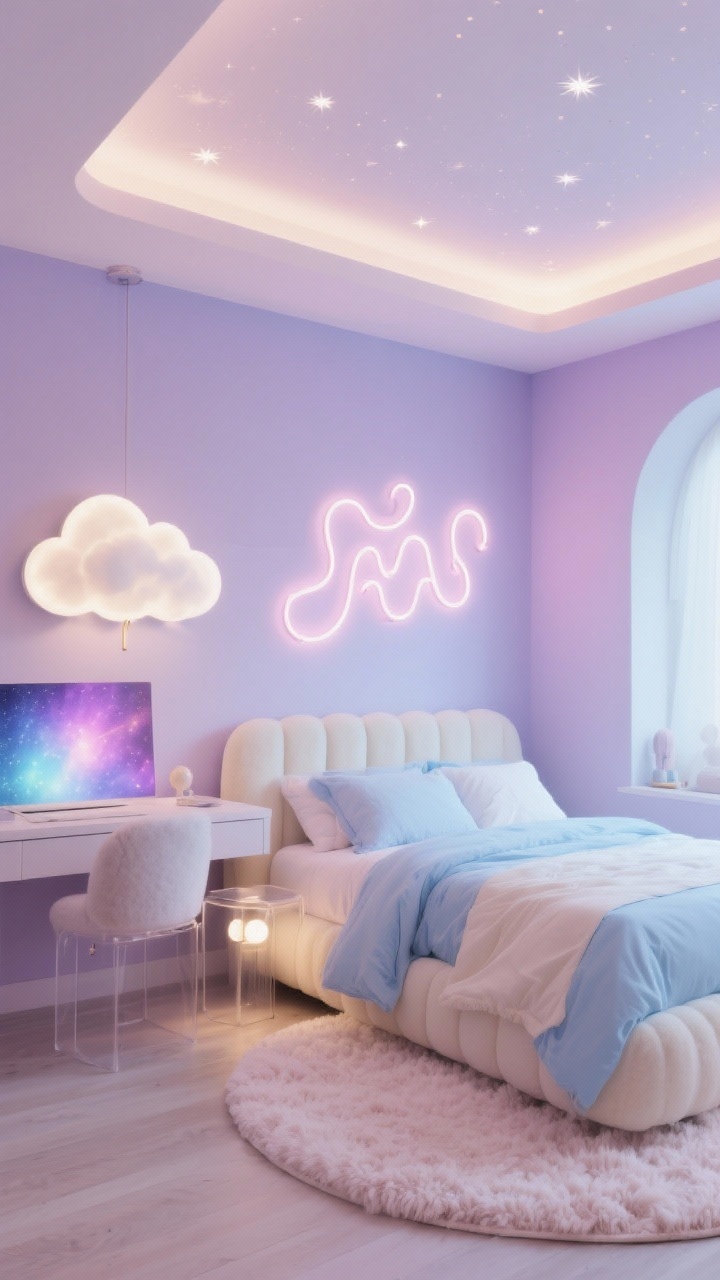 Wide, Pastel Cloud Dreamscape: misty lavender walls, powder blue and cream bedding, plush round rug, boucle marshmallow-like headboard, acrylic side table; lighting centers on a cloud-shaped flush mount, pastel LED neon squiggle art above the desk, and a color-changing galaxy projector casting soft star patterns on ceiling; ethereal, soft-focus edges, photorealistic.