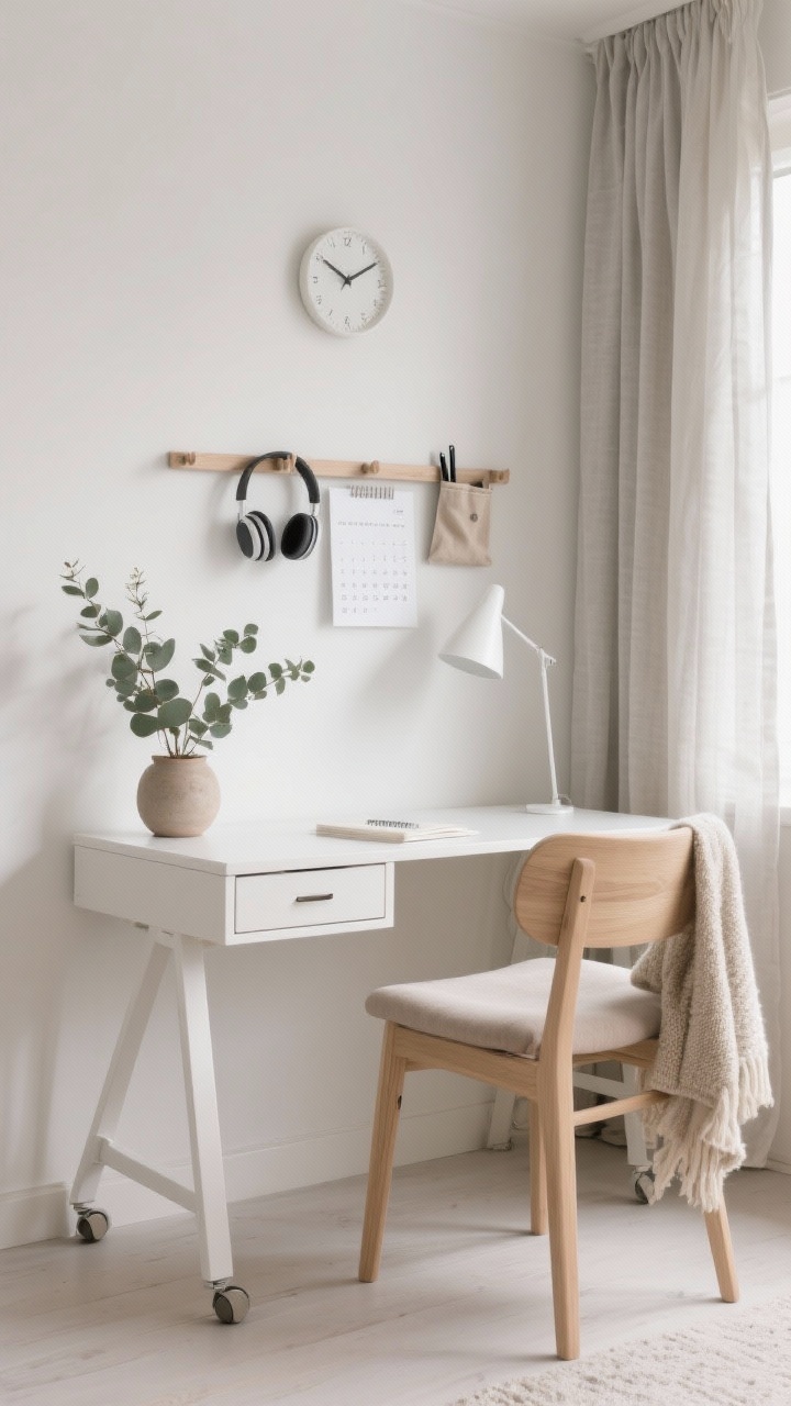 Wide, photorealistic study corner shot in Scandinavian style: slim white trestle desk with a low-profile drawer unit on casters tucked underneath, pale oak chair with a cozy cushion and a wool throw draped over the back, soft linen curtains diffusing daylight, muted palette of warm white, sand, and mist gray, peg rail above the desk holding headphones, a monthly calendar, and a fabric pen pouch; eucalyptus plant in a ceramic pot, minimalist analog clock on the wall; cone-shaped matte white task lamp on the desk; calm, spa-like mood.