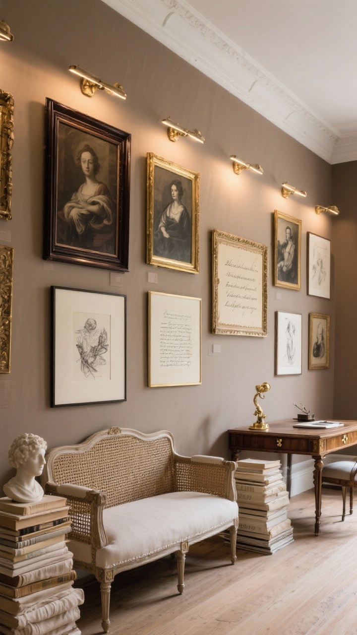 Wide salon-style wall: Mushroom taupe walls with a tall, museum-inspired gallery hung up to the ceiling—classical art prints, charcoal sketches, and handwritten poems on deckled paper in antique brass and dark wood frames. Picture lights mounted above the top row cast a warm museum glow. A caned daybed, vintage writing desk with brass hardware, stacks of linen-covered books, and a small sculptural bust complete the scholarly vibe.