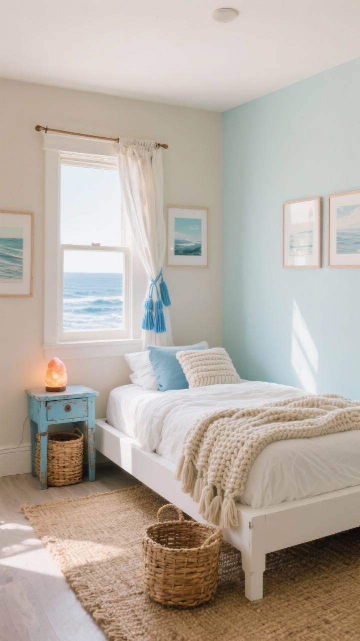 Wide shot: A coastal chill teen bedroom with soft sand-colored walls and a single pale blue accent wall behind the bed, light-filled and airy. A white platform bed sits on a jute rug with a chunky knit throw. Natural wood and woven baskets for storage, a thrifted side table painted sky blue, tasseled curtains fluttering at an open window, ocean prints on the wall, and a small glowing salt lamp on the nightstand. Photorealistic, morning natural light, subtle nautical vibe.
