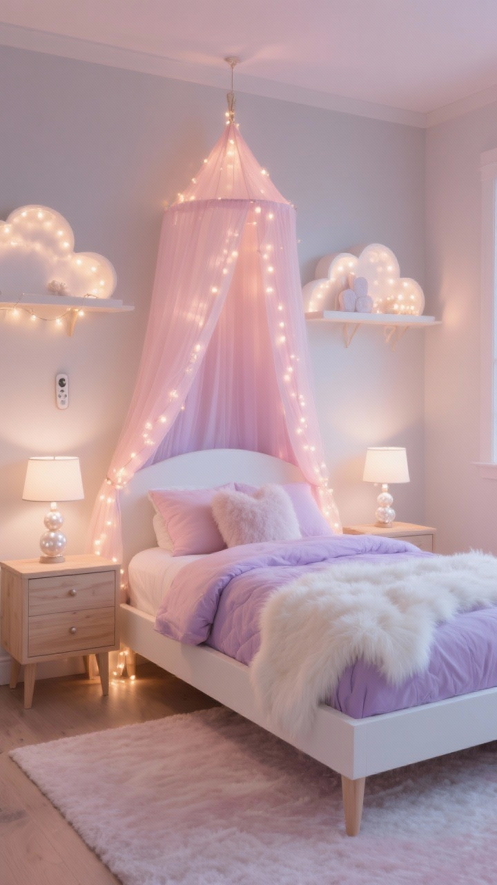 Wide shot: A serene teen bedroom with a white or pale birch platform bed under a sheer blush canopy draping to the floor, warm twinkle fairy lights woven through the voile creating a soft glow; pastel gradient duvet in blush-to-lavender ombré, fluffy pillows, and a cloud-white faux-fur throw. Pale maple nightstands with pearlized lamps, cloud-shaped wall shelves above, dimmable fairy-light remote on the nightstand. Palette: blush, lavender, cloud white. Photorealistic, evening ambient lighting.