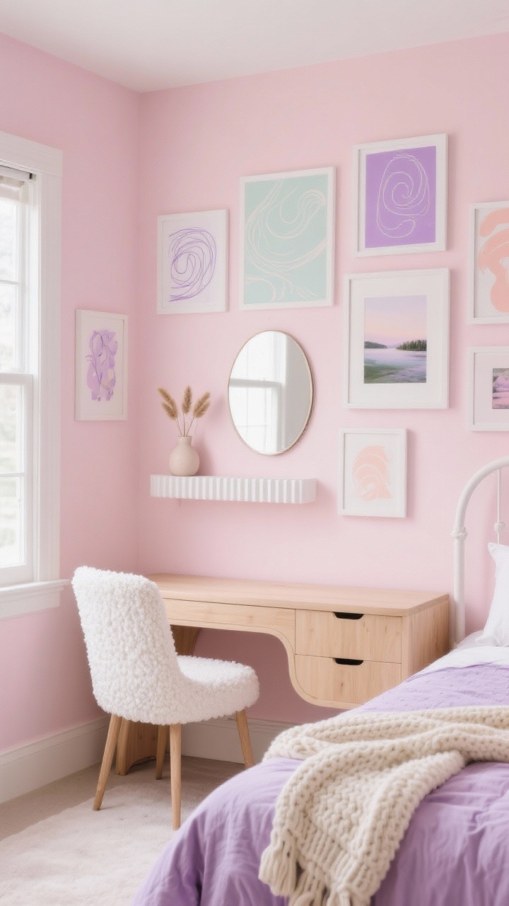 Wide shot: A soft pastel teen bedroom with blush pink walls, a white boucle chair, and a pale oak desk with curved edges. Bed dressed in lavender linen with a chunky cream knit throw. A curated gallery wall of pastel art prints in lilac, mint, and peach—abstract swirls, line drawings, and dreamy landscape photos—in thin white frames of mixed sizes loosely arranged around a centered oval mirror. A fluted wall shelf holds a tiny ceramic vase with dried bunny tails. Airy spacing between frames (2–3 inches). Diffused daylight for a cloud-like, serene mood.