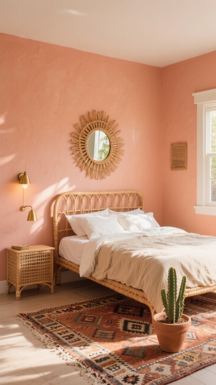 Wide shot: A sunlit boho teen bedroom with peachy terracotta walls, a low-profile rattan bed dressed in linen bedding in sand and cream, a southwestern kilim rug underfoot, a woven sunburst mirror over the bed, a clay planter with a cactus, a cane nightstand, and brass sconce lighting casting a mellow golden-hour glow; photorealistic, straight-on view.