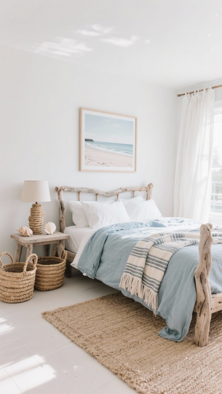 Wide shot: Airy coastal boho bedroom with cloud-white walls, driftwood-toned furniture, gauzy white curtains softly puddling at the floor, bed styled in a misty blue linen duvet and striped throw blankets, woven seagrass baskets, a rope-wrapped lamp on a side table, shell accents, a pale jute rug, and a large framed beach print setting a breezy mood; natural daylight, straight-on.