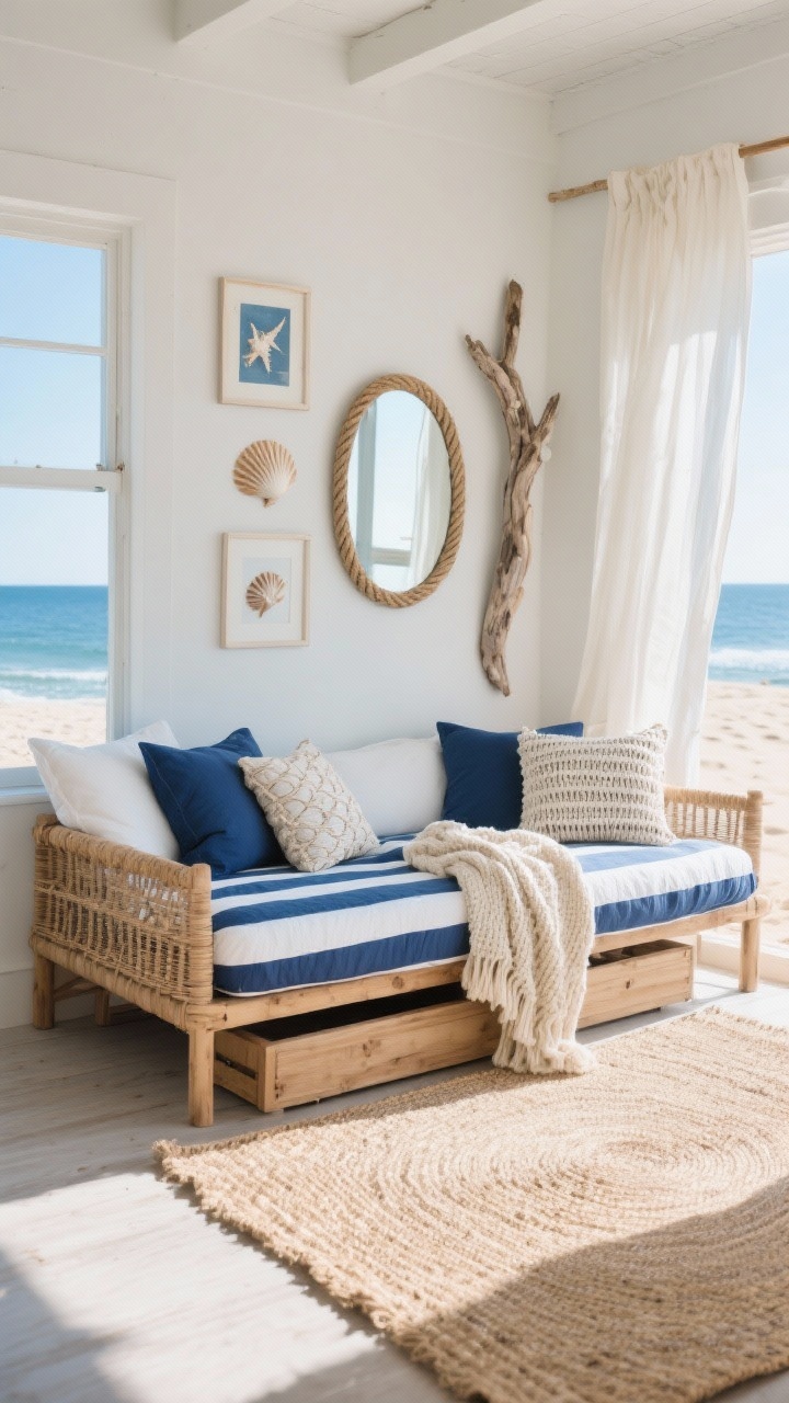 Wide shot, airy daytime: Beachy coastal daybed in wood or wicker, styled as a lounge with a striped duvet in ocean blues and crisp white, woven pillows, and a chunky knit throw. Driftwood art and seashell prints on the wall, rope mirror above the daybed. Sisal rug, light linen curtains billowing, sun-washed wood tones. Hidden trundle subtly implied beneath. Palette: navy, sky blue, white, sand. Bright natural seaside light.