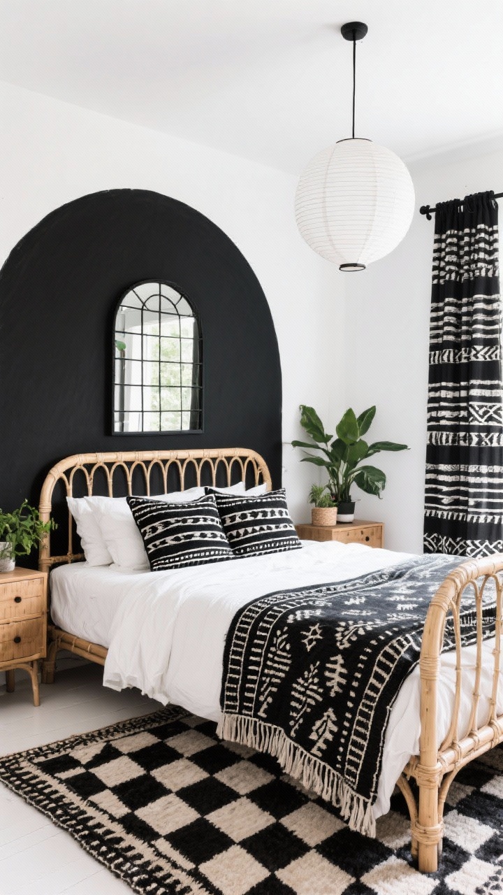 Wide shot: Black-and-white boho graphic bedroom with crisp white walls and a bold black arch mural behind a cane bedframe, a black grid mirror above a dresser, black-and-white mudcloth pillows on the bed, a high-contrast Moroccan diamond rug, pops of greenery, a paper lantern globe overhead, and a matte black curtain rod; bright, clean lines, straight-on.