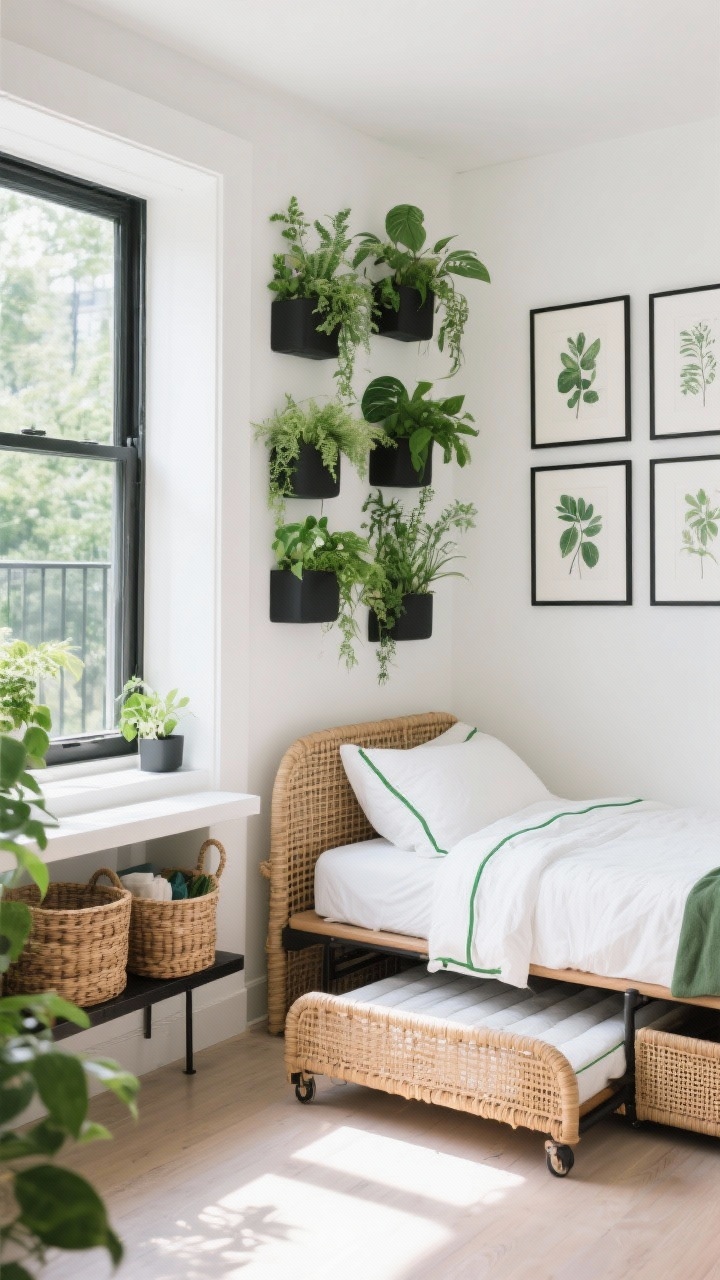 Wide shot, botanical balcony niche: trundle bed pulled halfway to show sleepover capability; wall-mounted vertical garden with pocket planters lush with greenery; narrow console under the window with wicker baskets for quick-grab items; botanical prints on the wall, white bedding with green piping, rattan accents; palette leafy green, white, rattan, black accents; fresh, bright natural light flooding the space.
