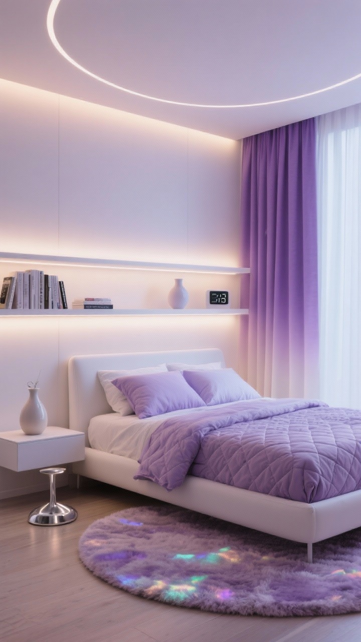 Wide shot, calm futuristic: A wall-to-wall floating headboard shelf with hidden warm white LED strip lighting underneath creating a halo behind a white bed frame. Lavender bedding with tonal quilted textures, shelf styled with books, a tiny ceramic vase, and a digital clock. Gradient curtains transitioning from lilac to white, plush circle rug on the floor, subtle chrome and iridescent decor accents. Soft, cozy evening glow.