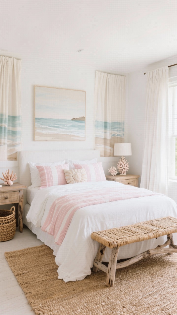 Wide shot, Coastal Calm: white slipcovered bed with soft pink and sand-striped linens, driftwood nightstands, and a woven seagrass bench at the foot; linen curtains frame muted watercolor seascapes; woven baskets and a coral-inspired lamp add coastal notes; jute/sisal rug adds texture; palette of seashell pink, sand, linen white, driftwood; photorealistic, breezy daylight with relaxed coastal feel.