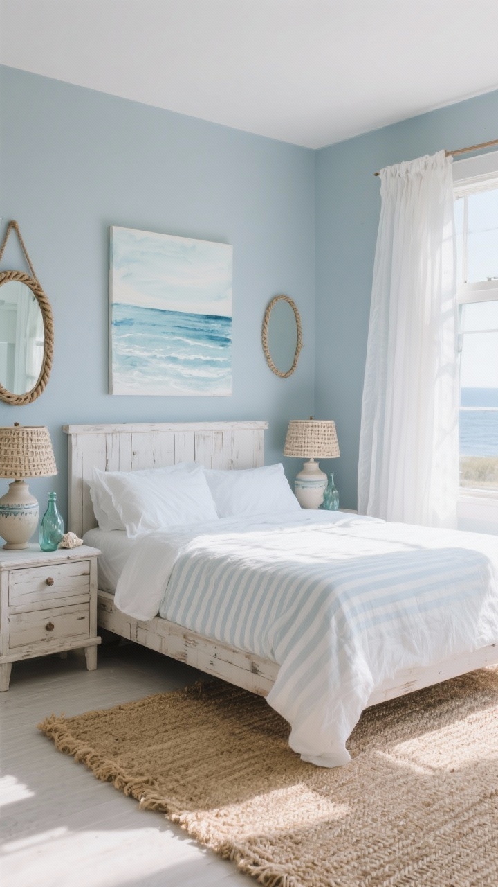 Wide shot, Coastal Calm With Breezy Blues: Misty blue-gray walls, whitewashed wood bed with white bedding. Striped seagrass rug beneath, gauzy white curtains billowing by a sunlit window. Ocean watercolor art above the bed, ceramic lamps with woven shades on nightstands. Sea glass bottles and a rope-framed mirror add texture. Airy, sunlit, effortless coastal vibe.