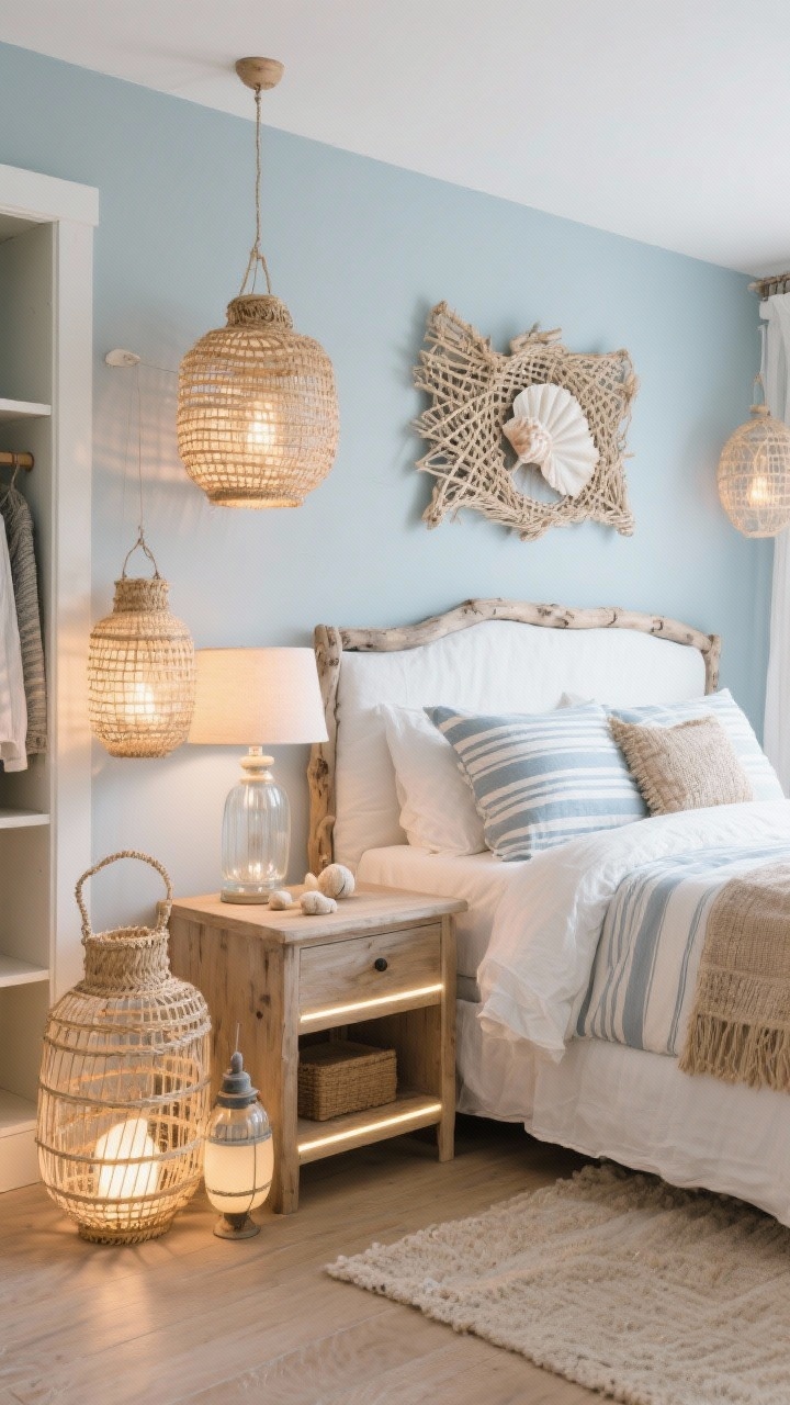 Wide shot, Coastal Calm with Lantern Layers: soft blue-gray walls, white slipcovered headboard, driftwood-toned furniture, striped bedding, seashell art piece; clustered woven seagrass lanterns of varying sizes glow warmly in a corner, glass fishing-float table lamp on nightstand, subtle LED strips inside an open closet for tidy shine; breezy beachy textures, bright yet cozy.