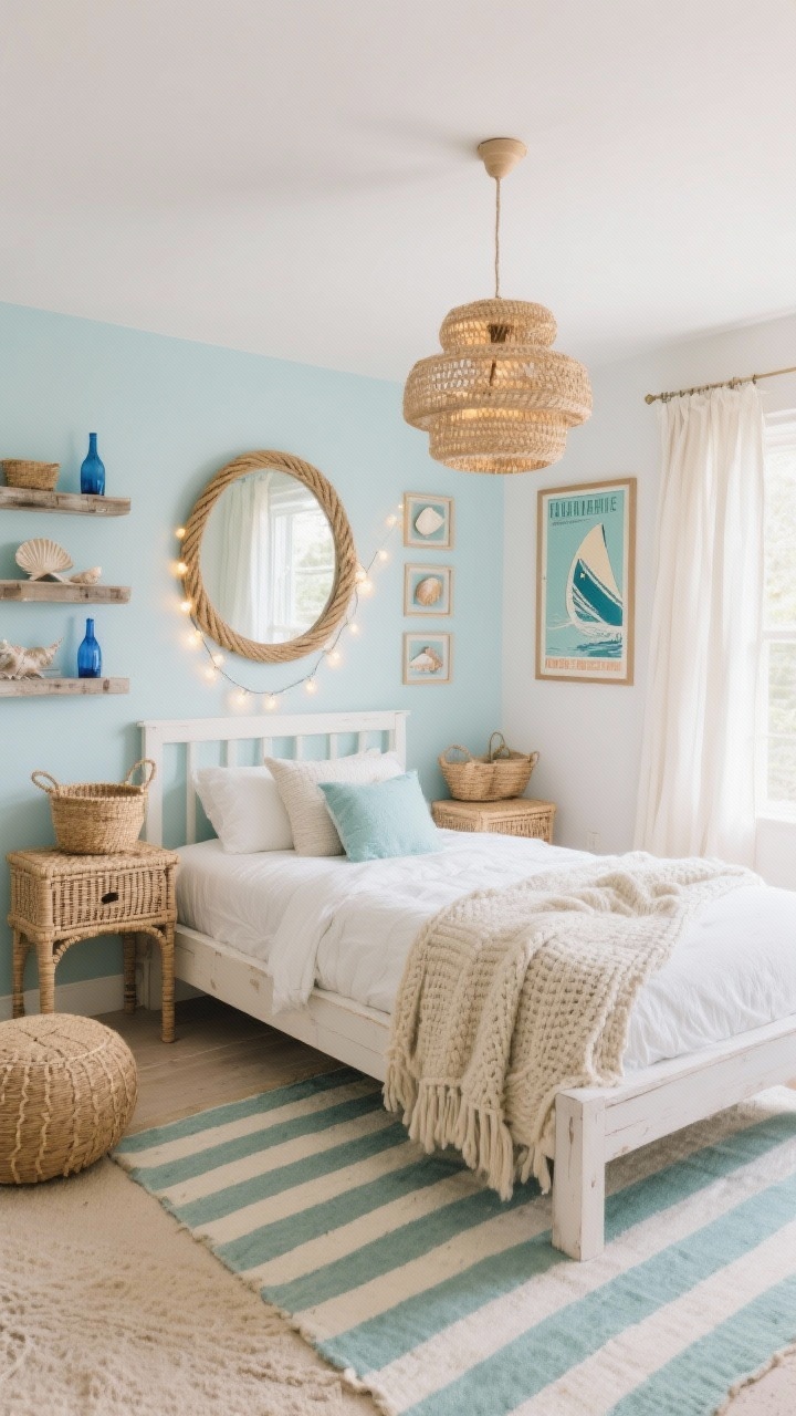 Wide shot, coastal chill teen bedroom with sea-glass blue, sandy beige, and crisp white palette; low-profile whitewashed bed with chunky knit throw, woven rattan nightstands, striped cabana rug, framed vintage surf poster, rope-hung round mirror; woven baskets, seashell shadow boxes, linen curtains diffusing soft sunlit glow; jute pouf, weathered wood shelves, blue bottle glass accents; woven pendant overhead and soft-glow string lights wrapped around the headboard; photorealistic, breezy beach texture.