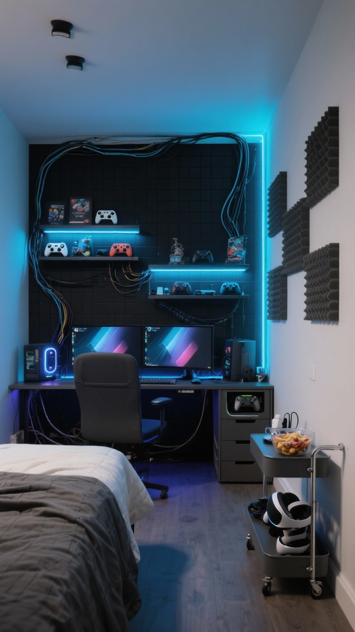 Wide shot, compact gamer setup: bed along one wall; opposite, a matte black grid wall behind a dual-monitor setup; neon LED-lit shelves displaying controllers and collectibles; cable trays and raceways hiding wires; narrow cabinet with pull-out trays open to reveal consoles; acoustic panels used as art; small rolling cart under desk with snacks, chargers, VR gear; palette black, electric blue, graphite; sleek, techy ambient LED glow.