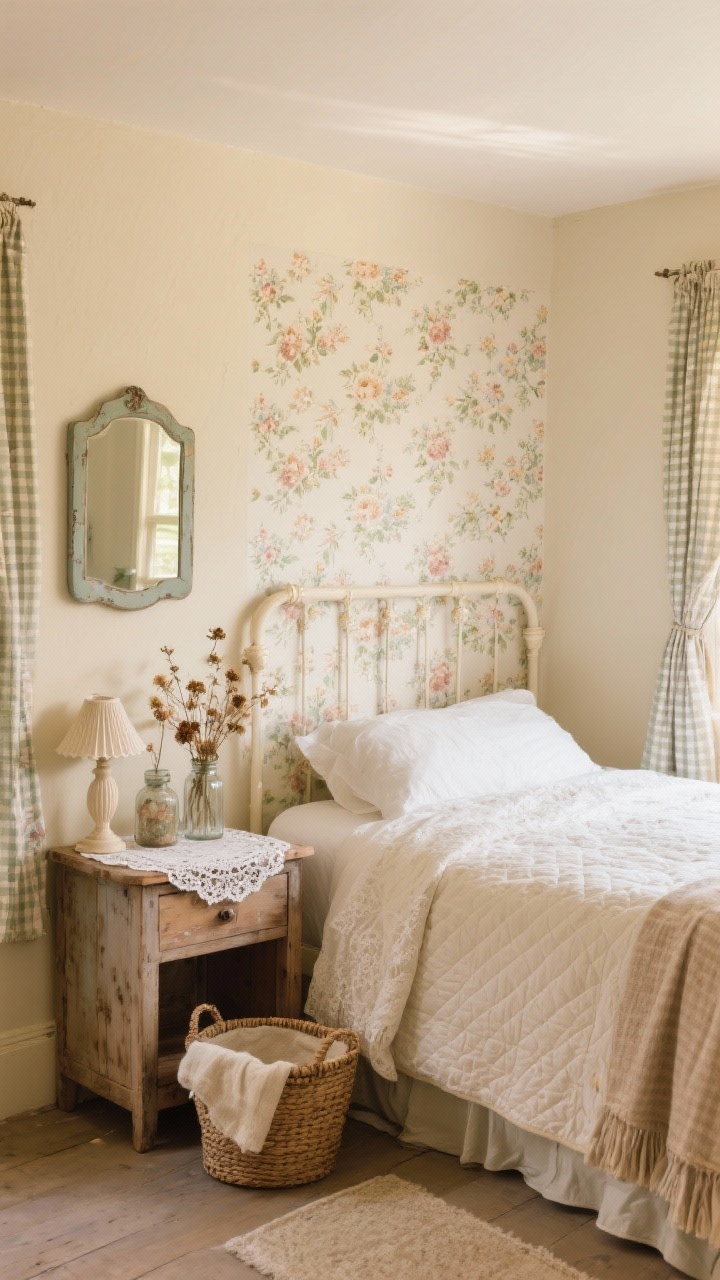 Wide shot: Cottagecore cozy retreat with buttercream walls and a floral peel-and-stick wallpaper panel behind the bed. A quilted bedspread, lace or gingham curtains, and a thrifted wood nightstand topped with a doily and a small fluted lamp. Dried flowers arranged in repurposed jars, a woven basket for throws at the foot of the bed, and a painted thrift mirror reflecting warm afternoon light. Photorealistic, soft vintage mood.