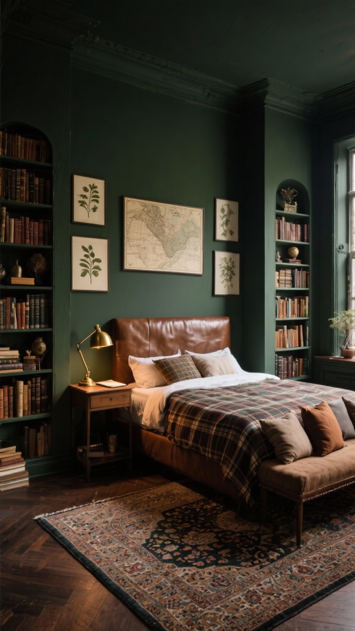 Wide shot, Dark Academia Cozy Library: Deep olive walls with a coffee-brown undertone, leather-look headboard and plaid bedding. Bookcases flanking the bed filled with books and vintage objects. Brass desk lamp glowing on a small writing desk, vintage maps and botanical prints on the walls. Persian-style rug layered underfoot, window seat piled with cushions. Warm, moody, scholarly ambiance.
