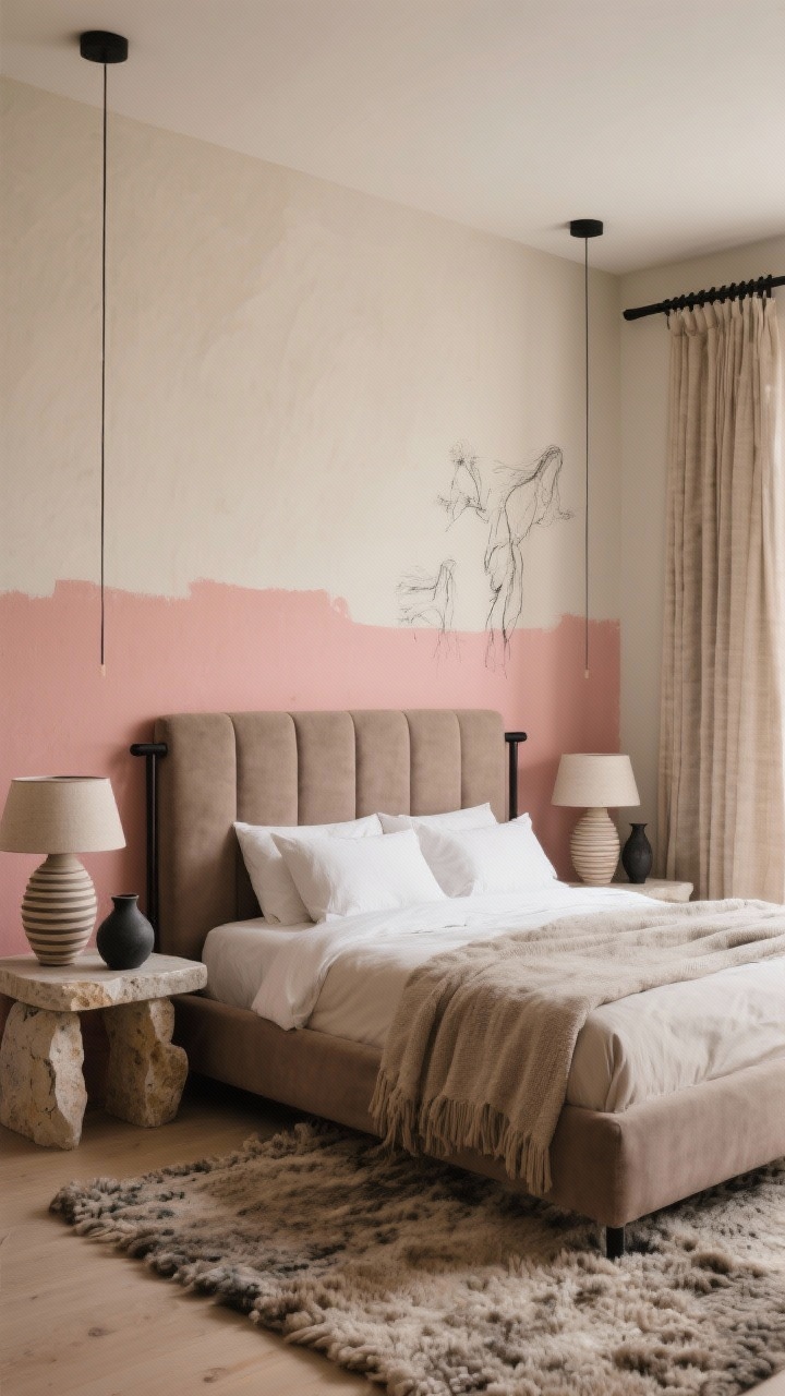 Wide shot, Earthy Modern: bedroom with a half-painted wall—clay pink on lower half, putty beige above; taupe upholstered bed, stone-look ceramic lamps on nightstands; chunky wool rug and linen bedding for texture; matte black curtain rods with flax curtains; travertine-look side table; ribbed vases and charcoal sketches as accents; palette clay pink, putty, taupe, ecru; photorealistic, grounded warm ambiance.