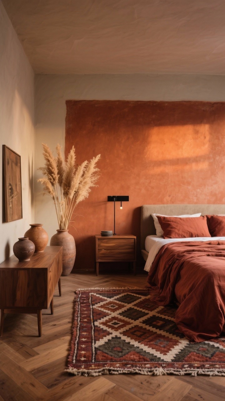 Wide shot: Earthy terracotta haven featuring a terracotta accent wall, walnut furniture set, rust-colored linen bedding on the bed, a diamond-patterned Berber rug layered over wood floor, pottery vases and dried pampas in a tall floor vase, contrasted by matte black hardware and a simple linear sconce; warm evening light, straight-on.
