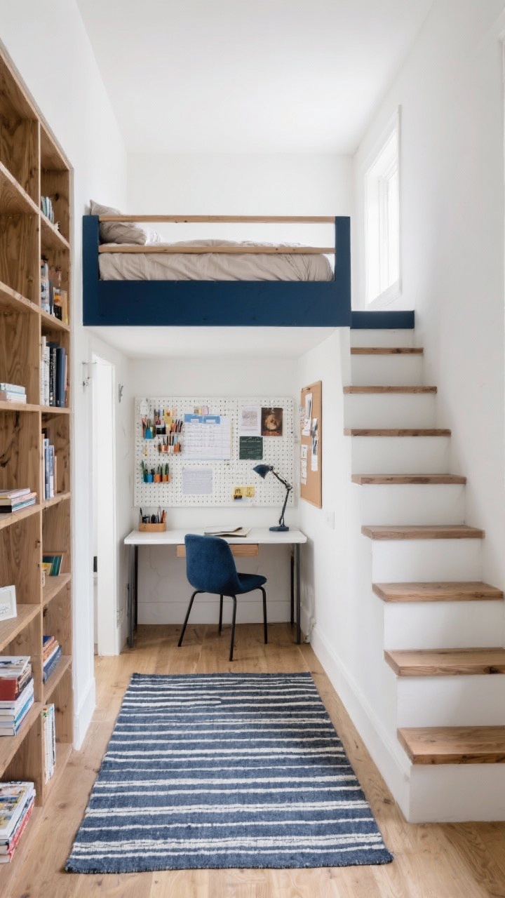 Wide shot, Elevated Loft + Study Nook: compact room with a loft bed featuring a guardrail, dressed in soft neutral bedding. Underneath, a study zone with a compact corner desk, pegboard organizer with supplies, and a task lamp. A narrow bookshelf doubles as stairs to the loft. A pinstripe rug defines the study area. Simple palette of ink blue, white, and natural wood. Add a pinboard with mood boards and school schedules. Even, bright lighting.