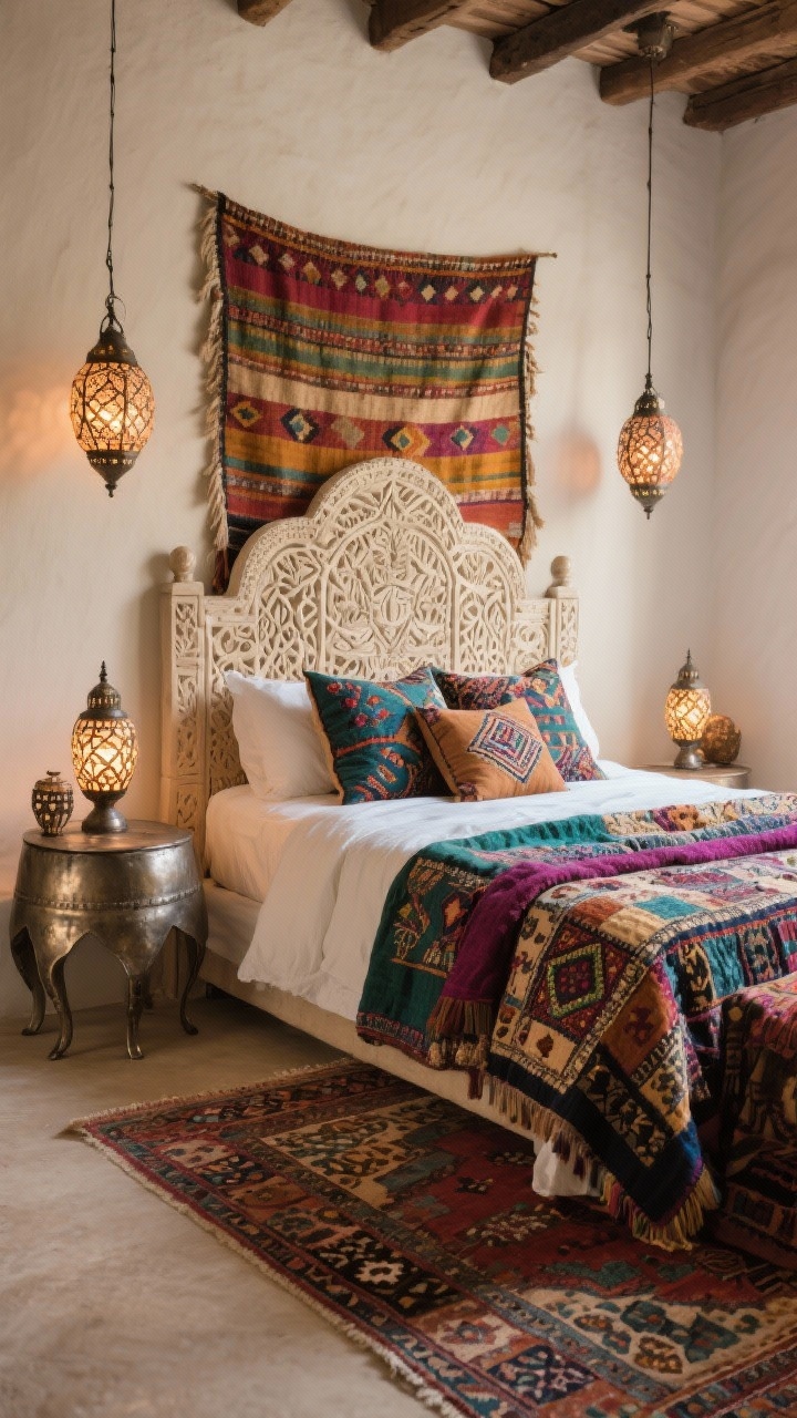 Wide shot: Global nomad layers with a neutral base bedroom showcasing a carved headboard, hammered metal side tables, block-printed pillows, kantha quilts, embroidered throws in jewel tones, a Mudcloth tapestry above the bed, a colorful Turkish rug, and lantern-style lighting casting patterned warmth; travel-inspired, collected feel.