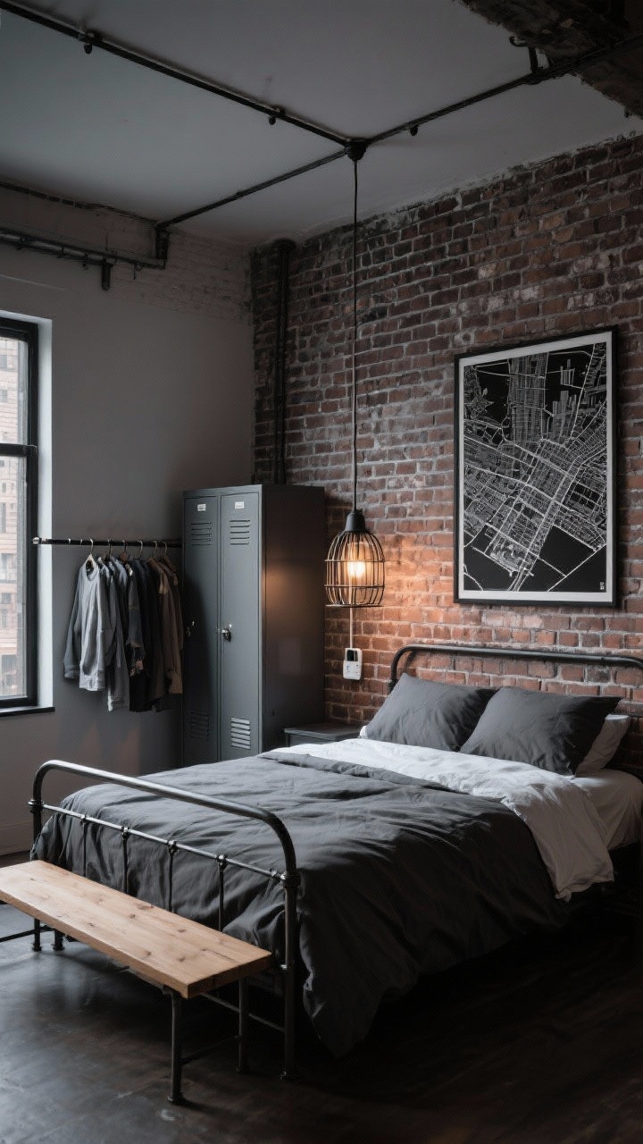 Wide shot: Industrial city micro-loft bedroom featuring a brick-pattern peel-and-stick wallpaper accent wall and slate bedding on a metal bed frame. A plug-in caged pendant lamp casts moody light, with a simple wood bench at the foot of the bed. A locker-style cabinet stands beside a black-and-white city map print, and a slim rail clothing rack displays neatly hung clothes. Photorealistic, urban, low warm lighting.